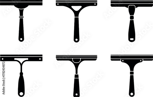 Collection of various squeegee designs for cleaning windows and surfaces in a minimalist black and white style