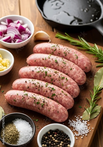 Fresh Sausages with Herbs and Spices on a Wooden Board.