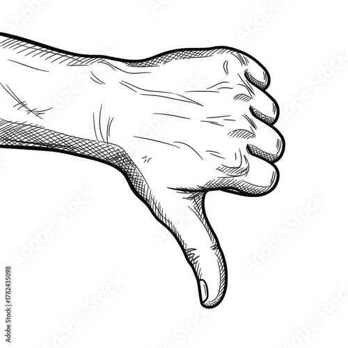 Vector illustration of a thumbs down gesture, symbolizing disapproval, dislike, rejection, and negative feedback. Sketch style drawing on a transparent background