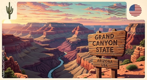 Grand Canyon State Arizona vintage travel postcard illustration at sunset.