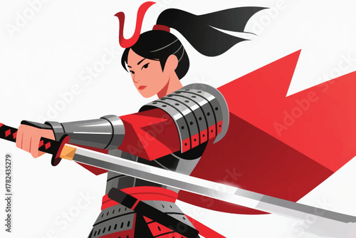 Dynamic illustration of a female samurai warrior in traditional armor, holding katana under moonlit sky. Bold colors and cultural symbolism highlight strength, honor, and determination.