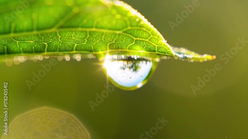 Close Up Of A Green Leaf With A Water Droplet Hanging From The Edge In A Bright Environment