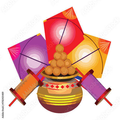 Traditional Indian festival elements with kites and laddu