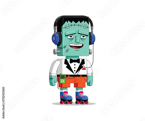 Cartoon monster on roller skates with headphones and mp3 player