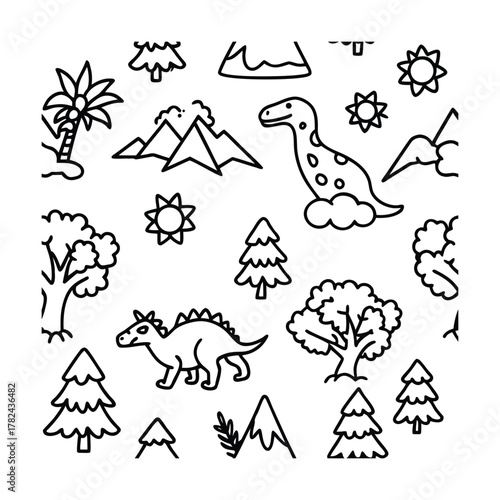 Whimsical seamless doodle pattern featuring cute dinosaurs and fiery volcanoes for kids