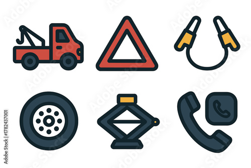 Tools and symbols for roadside assistance and vehicle maintenance in a modern design