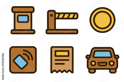 Parking facilities with icons depicting ticket machines, barriers, receipts, and cars