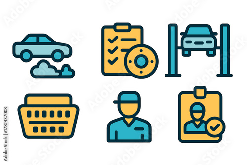 Icons representing a car service checklist, maintenance activities, and staff identification for an auto repair shop or automotive service center