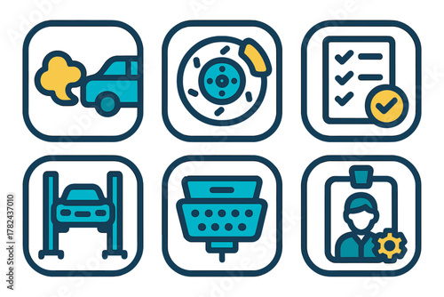 Vehicle maintenance checklist with icons showing car repair activities and tools in modern design