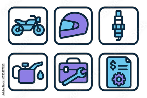 Motorcycle maintenance icons illustrate essential tools and components for bike enthusiasts and mechanics