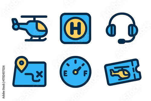 Helicopter adventure elements featuring icons like a helicopter, headset, map, and ticket