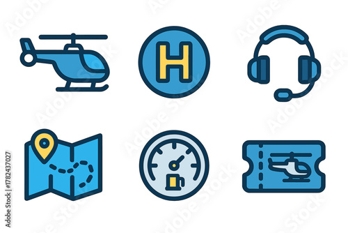 Icons representing helicopter travel and services including navigation, communication, and ticketing