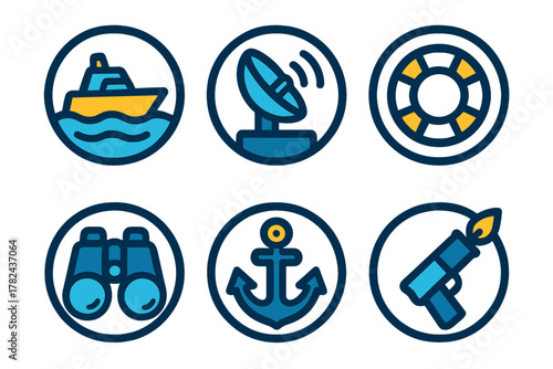 Icons representing maritime themes including a boat, satellite, lifebuoy, binoculars, anchor, and a weapon for navigation and safety