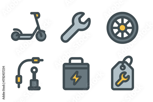 Tools and symbols related to electric scooters in a graphic design