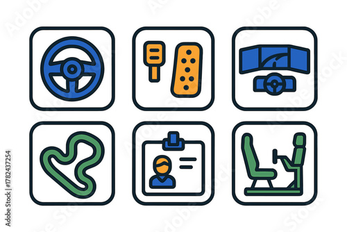 Racing simulator concepts include steering wheel, pedals, track layout, and user identification in a fun learning environment