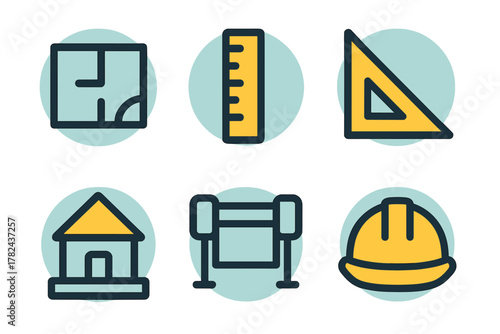 Construction and design symbols highlighting blueprint elements and tools for architects and builders