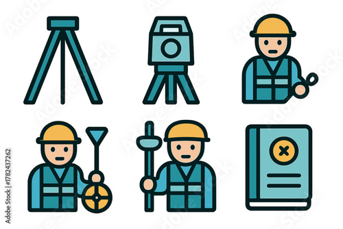 People engaged in surveying activities using tools in a construction site setting