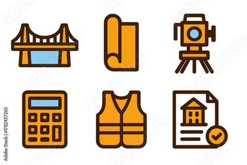 Construction tools and symbols representing architectural planning and surveying activities in a modern urban environment