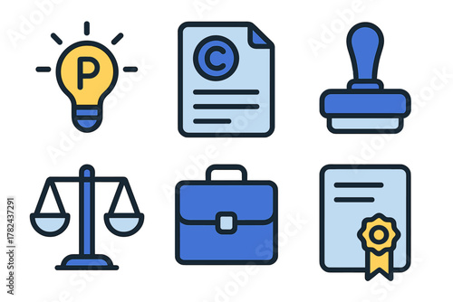 Visual representation of intellectual property concepts with symbols of copyright, trademark, and legal documents in simple design