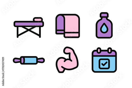 Collection of fitness and wellness icons featuring massage table, towel, water bottle, muscle, and planner