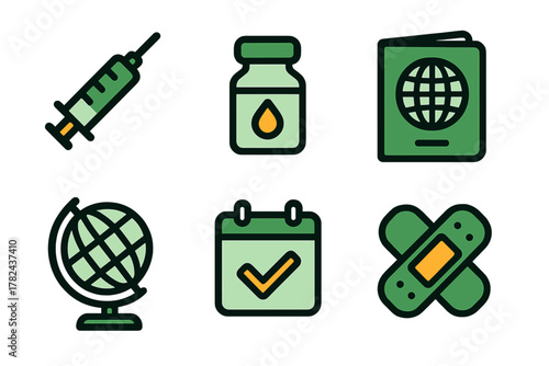 Symbols of health and travel featuring vaccination, medication, and global exploration elements on a clean background