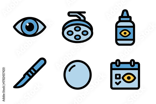 Eye care symbols representing surgery, medication, and appointments for vision-related health procedures