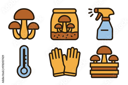 Various tools and symbols related to mushroom cultivation activities in a cozy indoor setting