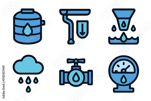 Different icons representing water supply systems and management tools for efficient usage and monitoring