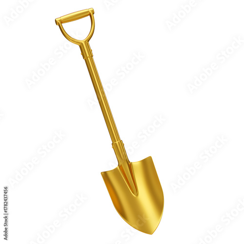 Golden shovel shiny metal tool for digging isolated on white background