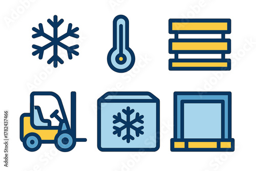 Forklift and storage symbols represent temperature control in a cold warehouse environment