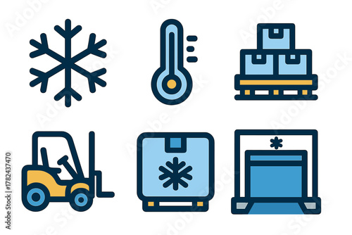 Cold storage and logistics symbols for managing temperature-sensitive goods in a warehouse setting