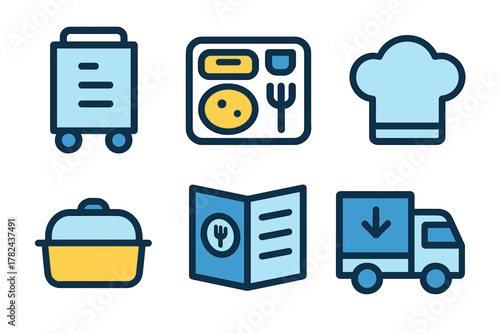 Icons representing food delivery services and culinary activities in a modern design