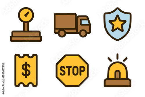 Icons representing various concepts related to transport, safety, and commerce in a simple, colorful design