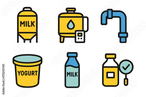 Milk processing equipment and dairy products with clear icons representing different stages of production
