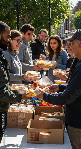 Volunteers distribute food to people in need at an outdoor event.
