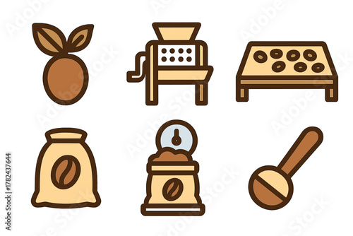 Coffee production process showcasing coffee beans, grinder, and packaging tools in a simple layout