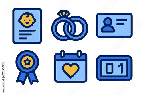 Icons representing major life events including birth, marriage, and achievements in a modern flat design style