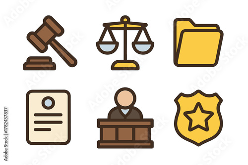 Court symbols including gavel, scales of justice, legal documents, judge, and police badge illustrating the legal system