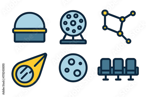 Colorful icons representing various aspects of astronomy and space exploration on a light background