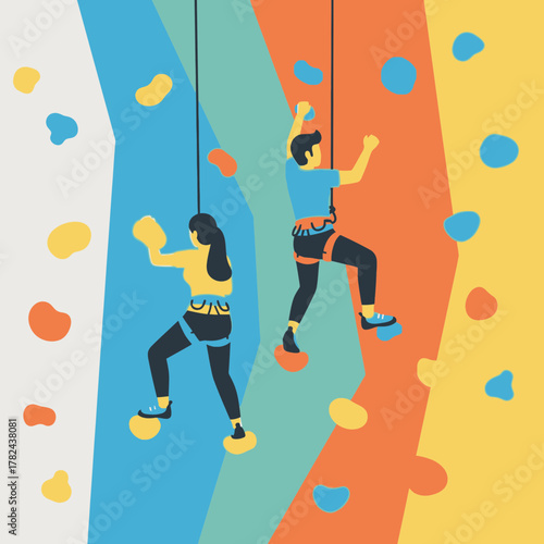 Two people climbing a colorful climbing wall with ropes and harnesses.