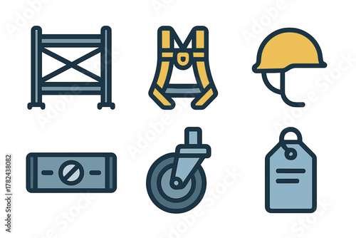 Construction tools and equipment icons representing safety and work tasks on a construction site in a simple design