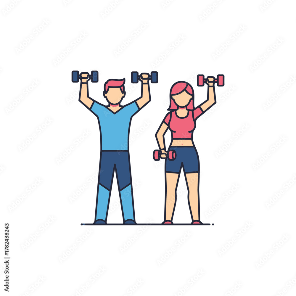 Obraz premium Two people lifting dumbbells fitness exercise workout healthy lifestyle gym activity.