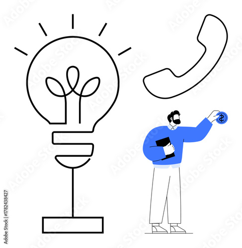 Businessperson with tablet placing dollar coin near giant light bulb and telephone, representing innovation, customer interaction, finance, decision-making. Ideal for networking, teamwork, tech