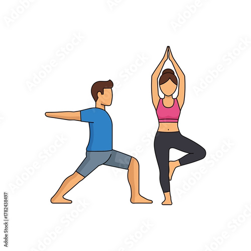 Two people performing yoga poses one in warrior two the other in tree pose.