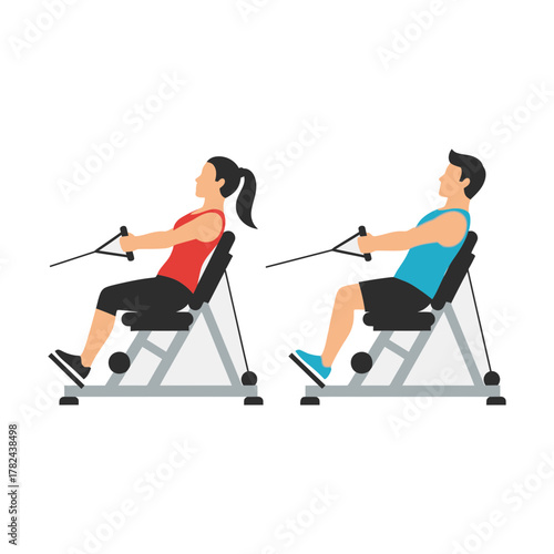 Woman and man exercising on rowing machines pulling handles in seated position.
