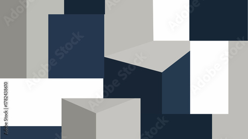Abstract background with overlapping geometric shapes and 3D blocks in a modern blue and grey color palette for a corporate architectural concept