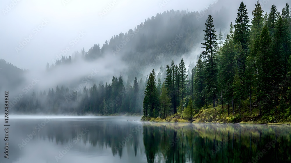 Fototapeta premium Serene forest landscape displays misty atmosphere over still water body