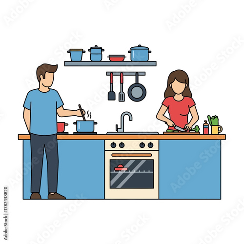 Two people in a kitchen one cooking one chopping vegetables on the counter.