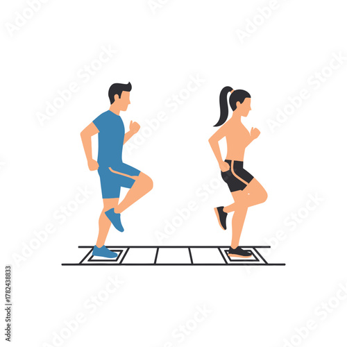 Man and woman running on agility ladder exercise training fitness activity.