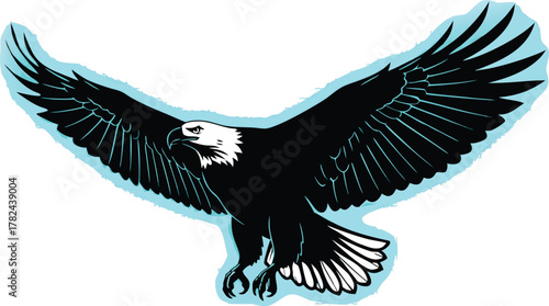 Stylized bald eagle soaring with glowing blue edge bold, patriotic, and high resolution.